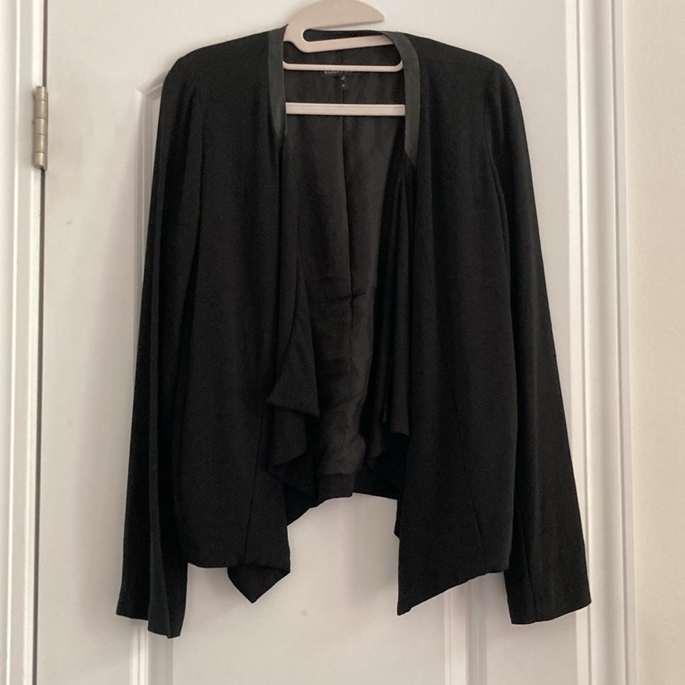 Eileen Fisher Black Silk Georgette Draped Front Jacket with Leather Trim Size XS